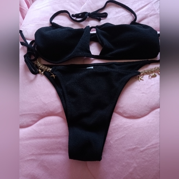 NEW Black Halter RibKnit w/Goldtone Crystal & Charm Chain Tie Bikini Swimsuit - Picture 5 of 6